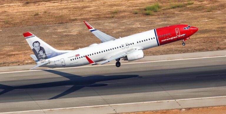 Norwegian Boeing B737-800 airplane Palma de Mallorca airport aerial photo
