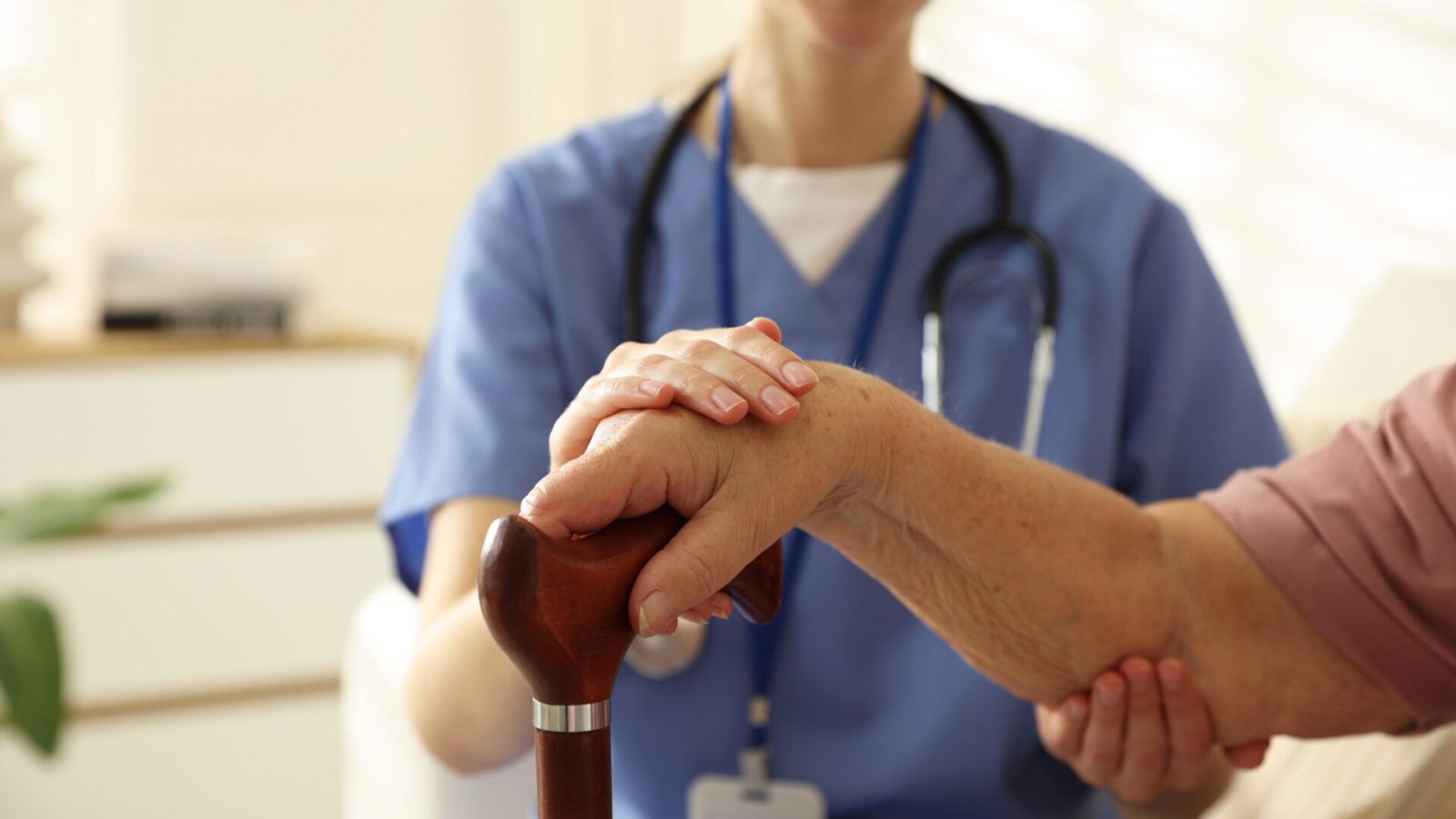 Caregiver supporting senior woman indoors, closeup. Home health care service